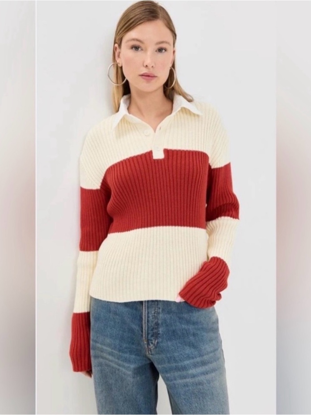 Lioness Ribbed Stripe Polo Sweater - Cream & Rust